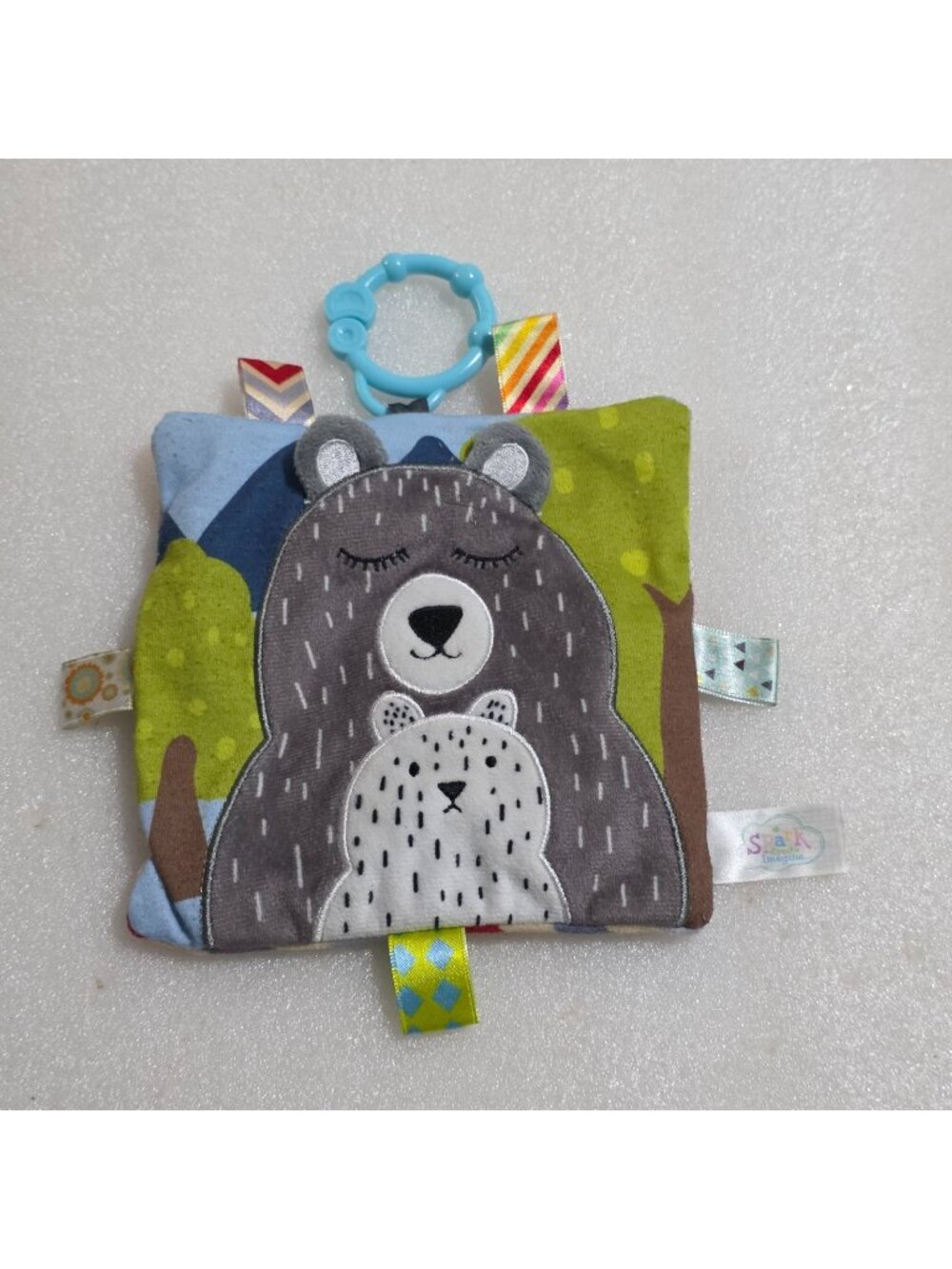 Spark Create Imagine Gray White Bear Forest Crinkle Squeak Crib Toy Taggie 6x6